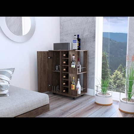 Tuhome Bar Cart Two External Shelves, Four Casters, Six Built-in Wine Rack, Single Door Cabinet Dark Walnut MLA4438